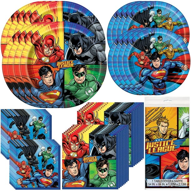 DC Comics Justice League Superheroes Birthday Party Supplies Pack for 16 Guests: Stickers and Cups Table Cover Dessert Plates Beverage Napkins 